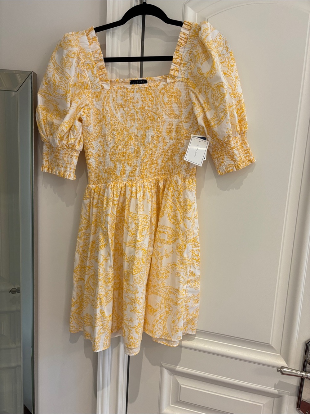Smocked Puff-Sleeve Casual Dress in Yellow Paisley NWT